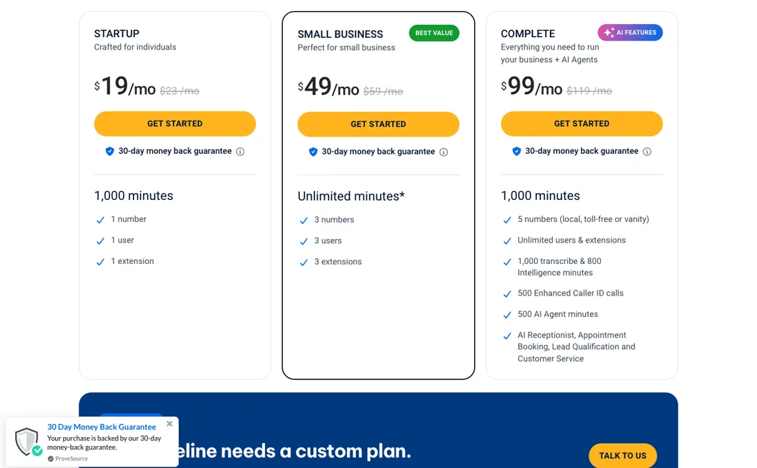 800.com pricing page