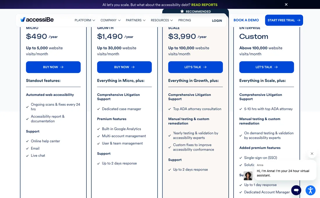 accessiBe pricing page