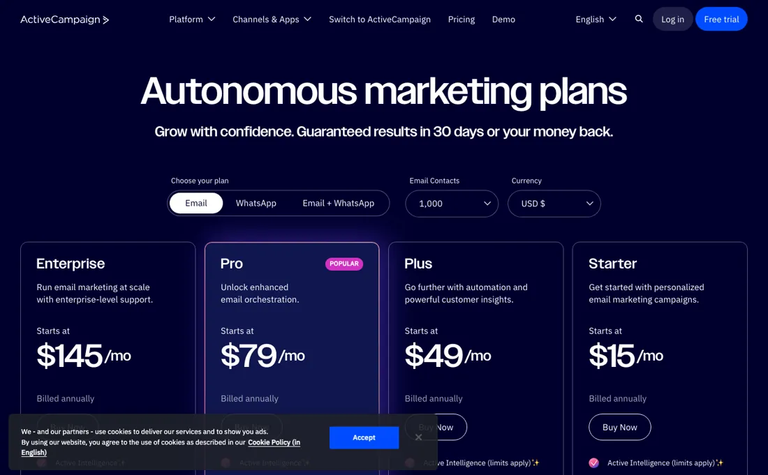 ActiveCampaign pricing page