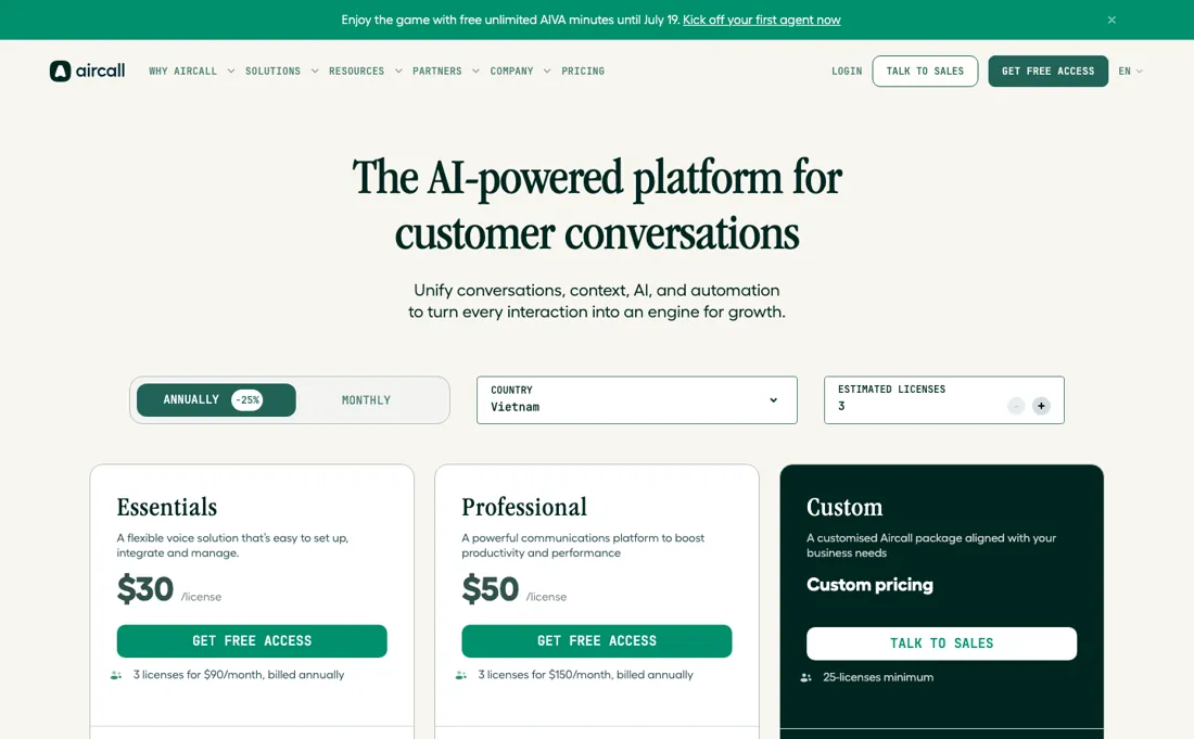Aircall pricing page