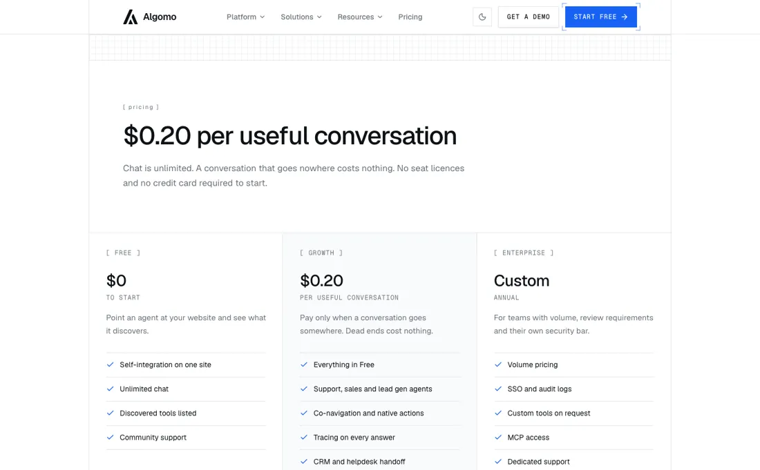 Algomo pricing page