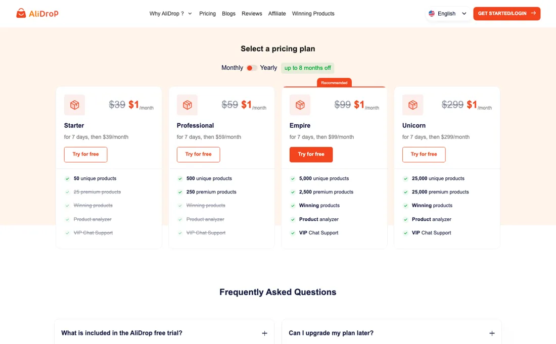 Alidrop pricing page