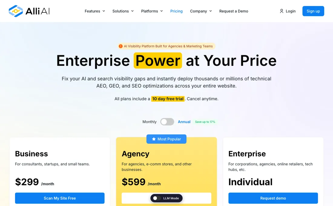 Alli AI pricing page