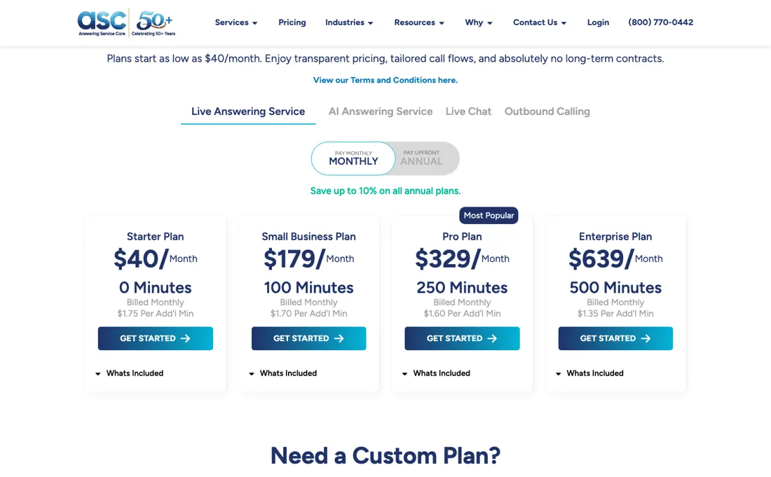 Answering Service Care pricing page