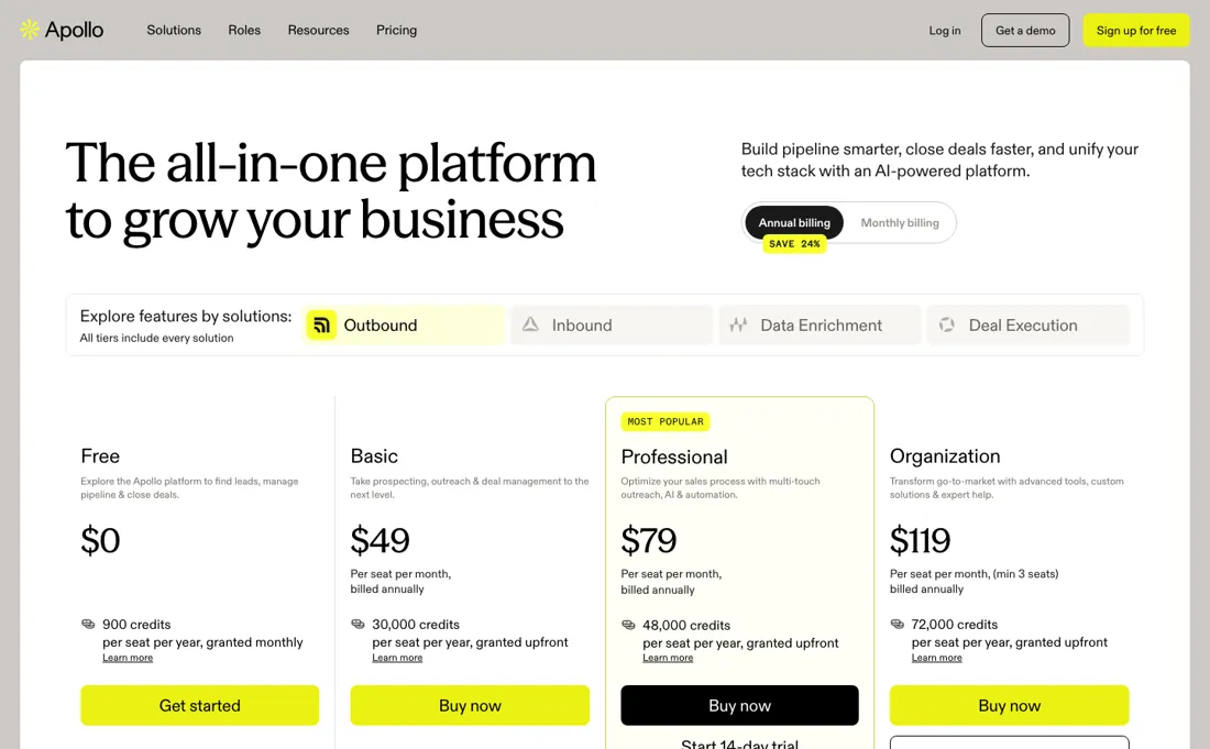 Apollo pricing page