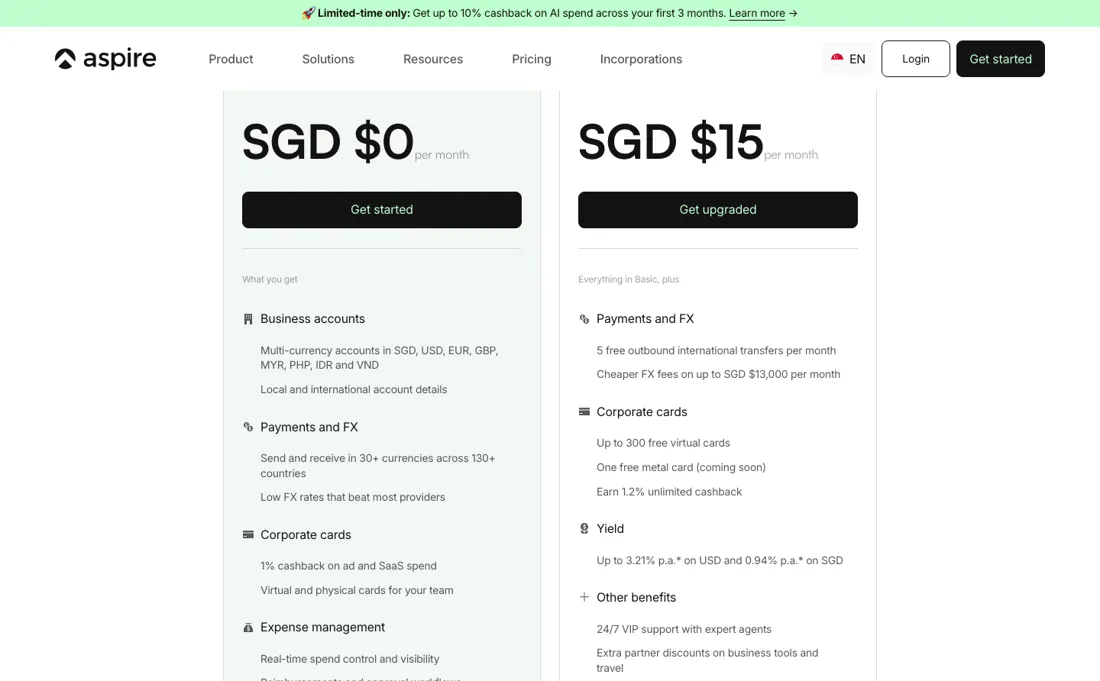Aspire pricing page