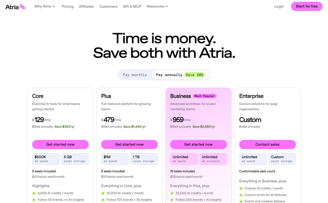 Atria pricing page