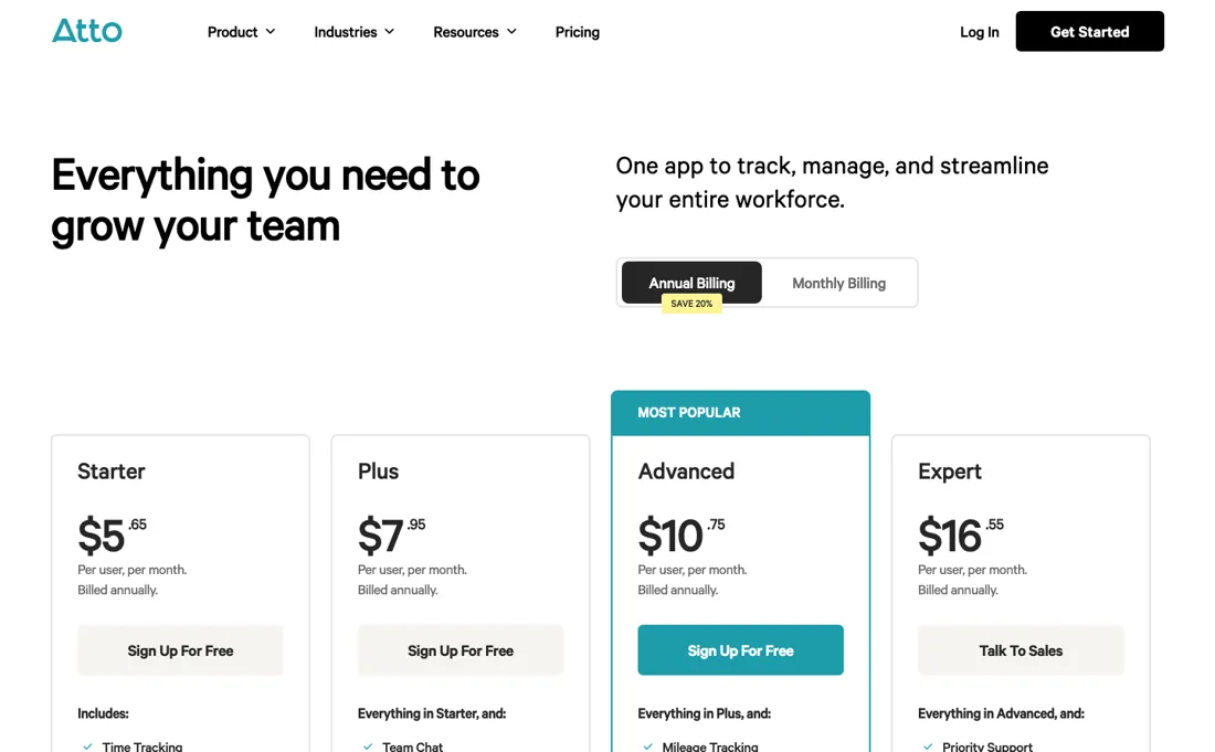 Atto pricing page