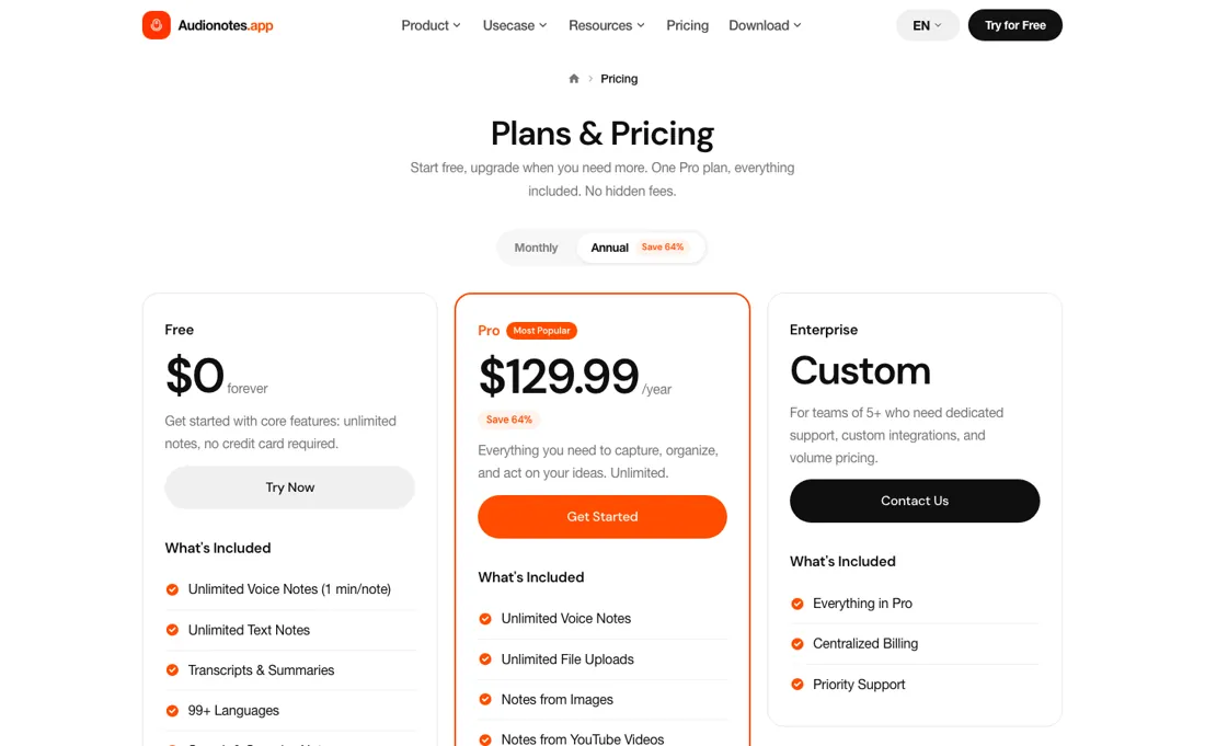 Audionotes pricing page