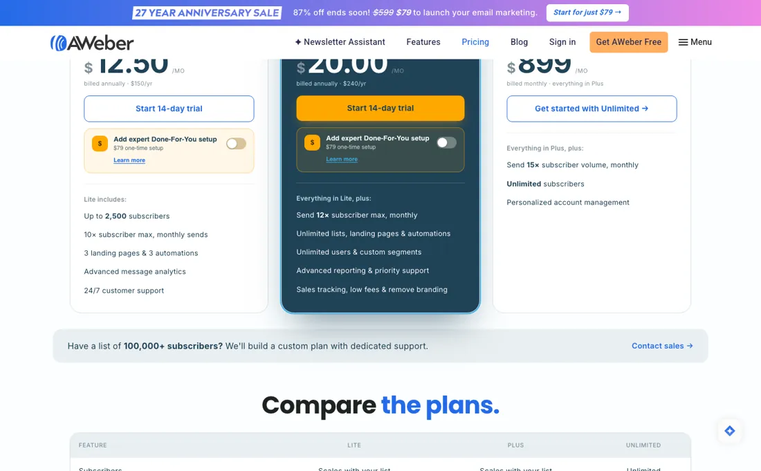 AWeber pricing page
