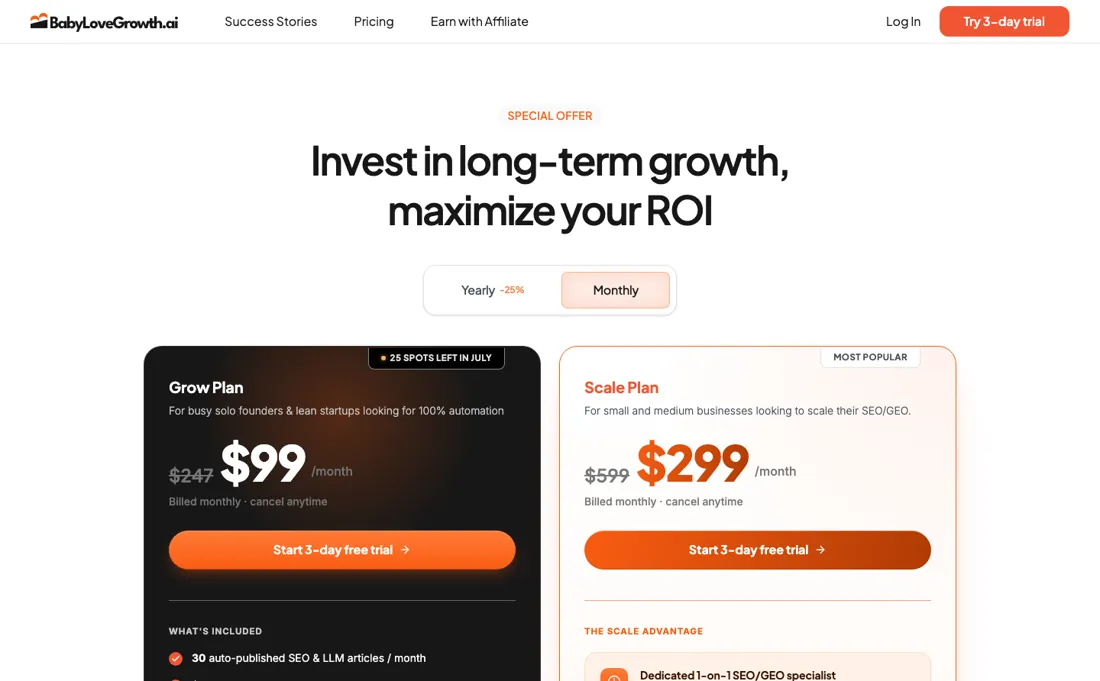 BabyLoveGrowth pricing page