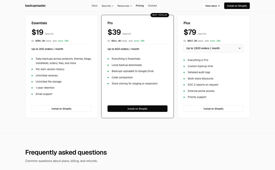 BackupMaster pricing page