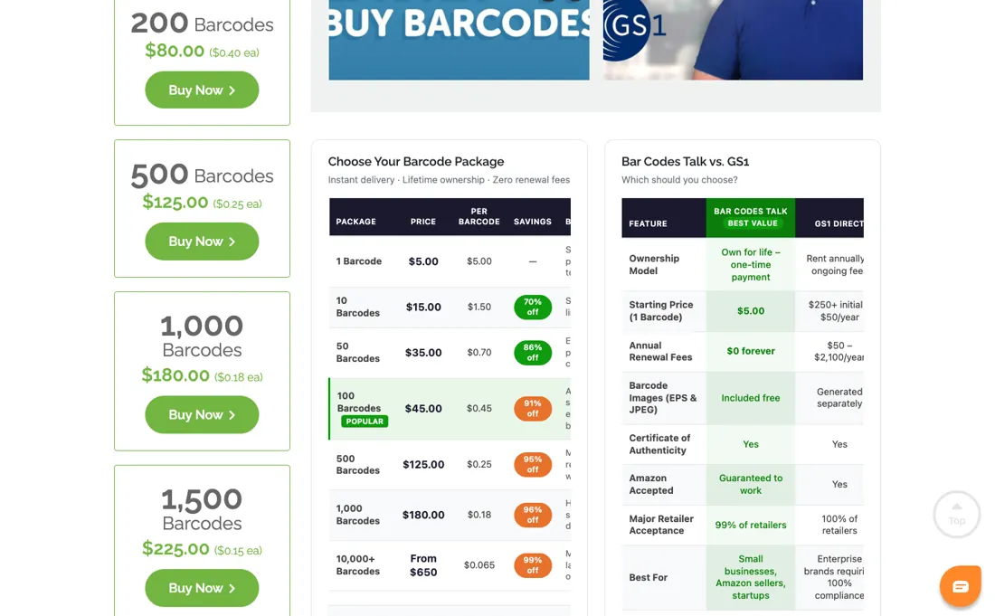 Barcodes Talk pricing page