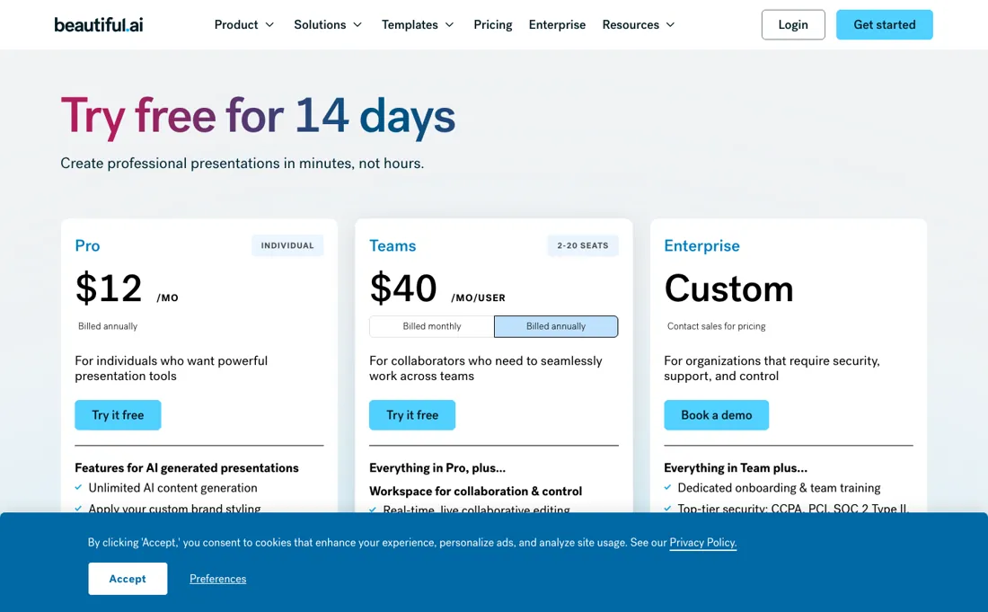 Beautiful.ai pricing page