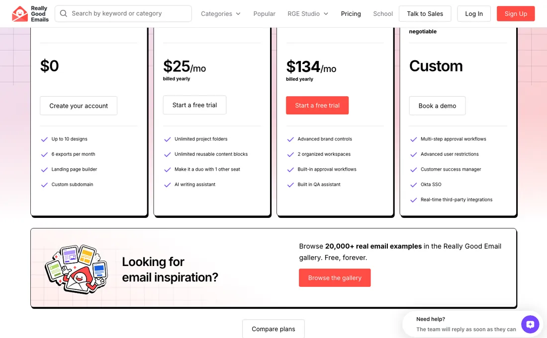 Beefree pricing page