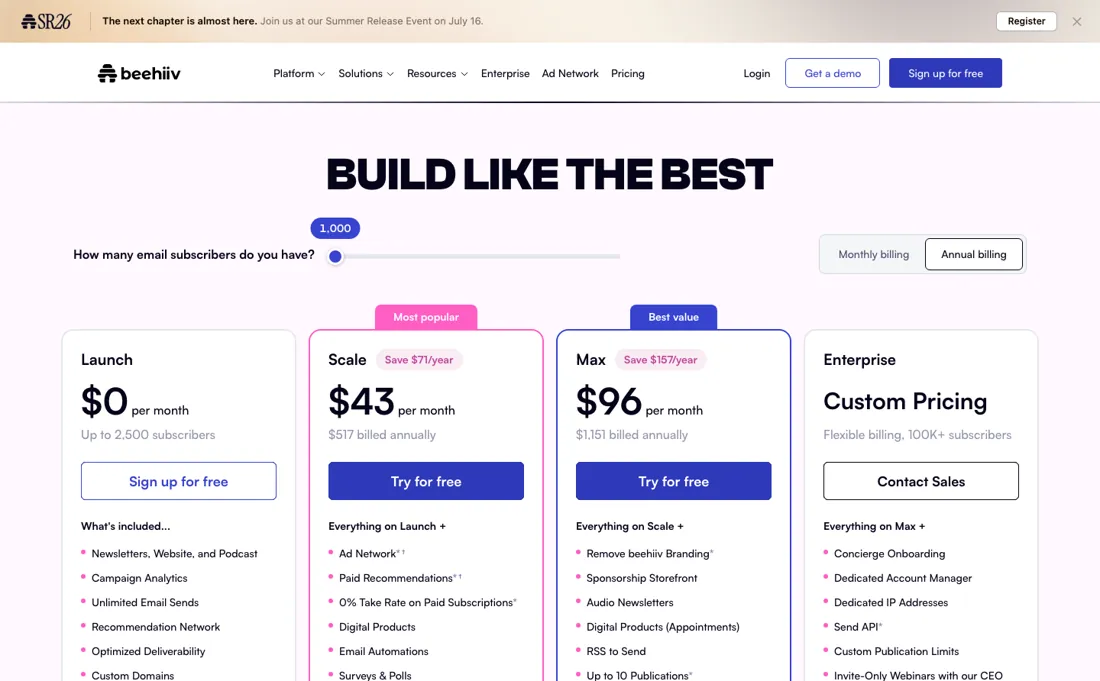 Beehiiv pricing page