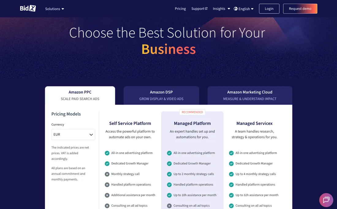BidX pricing page