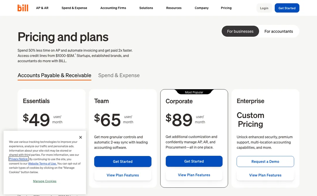 Bill.com pricing page