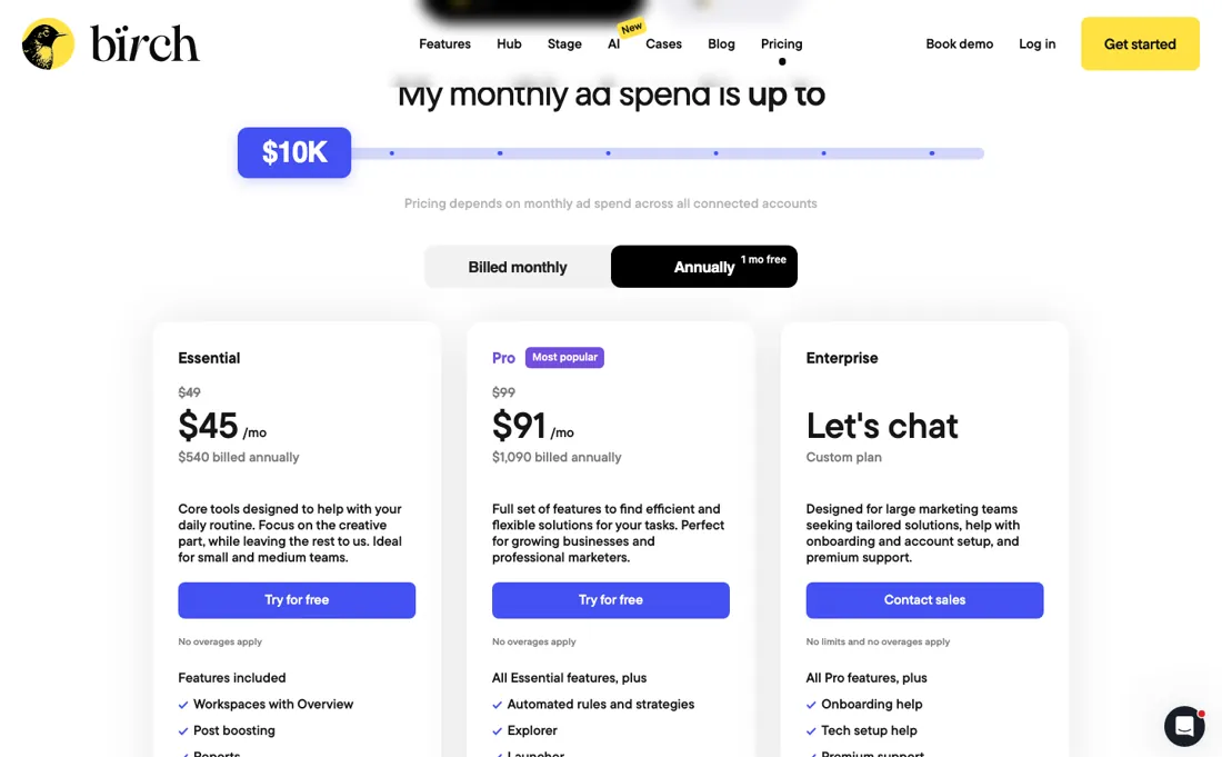 Birch pricing page