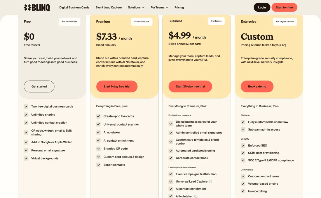 Blinq pricing page