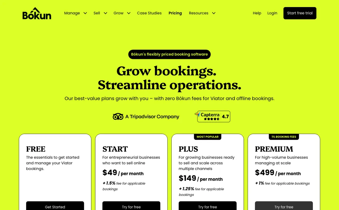 Bokun pricing page