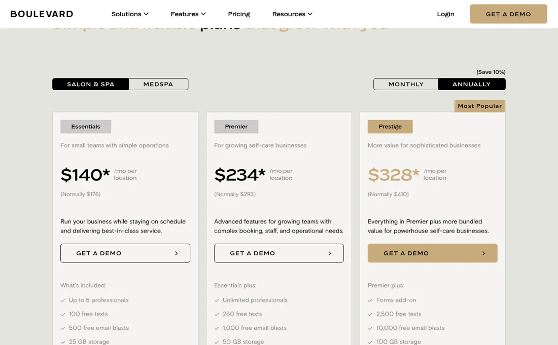 Boulevard pricing page