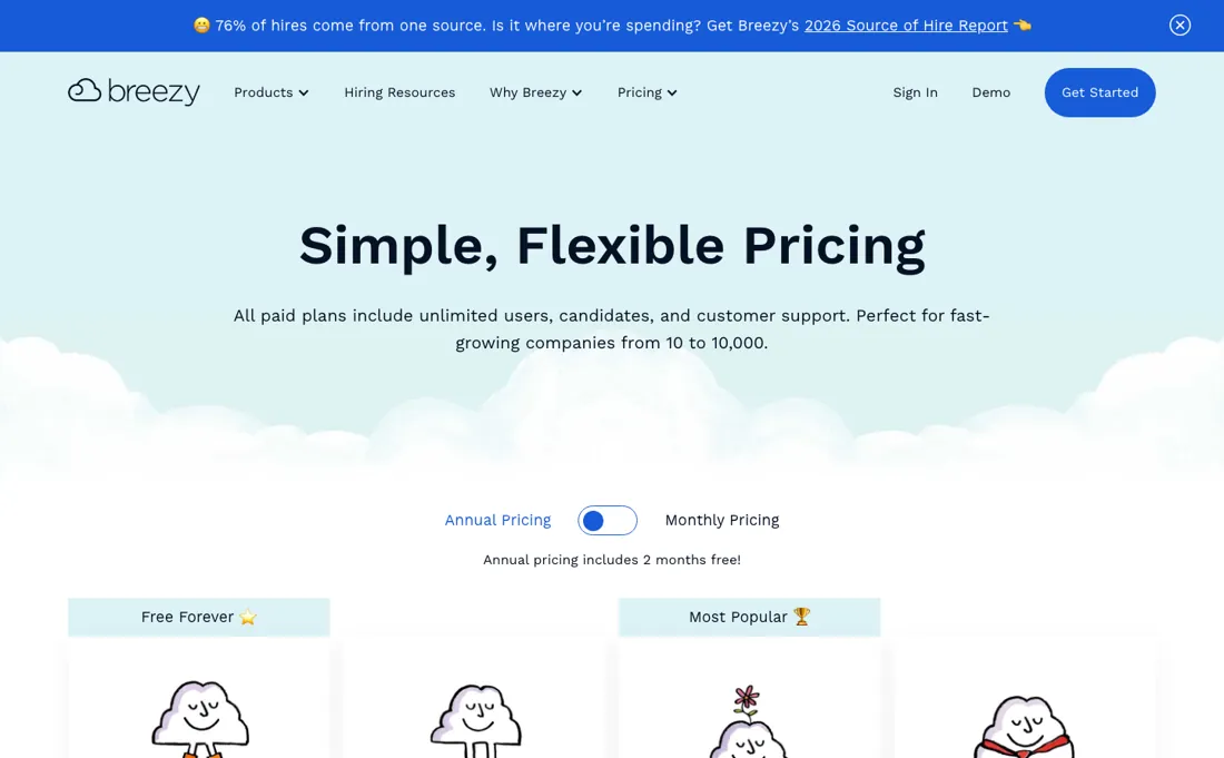 Breezy HR pricing page