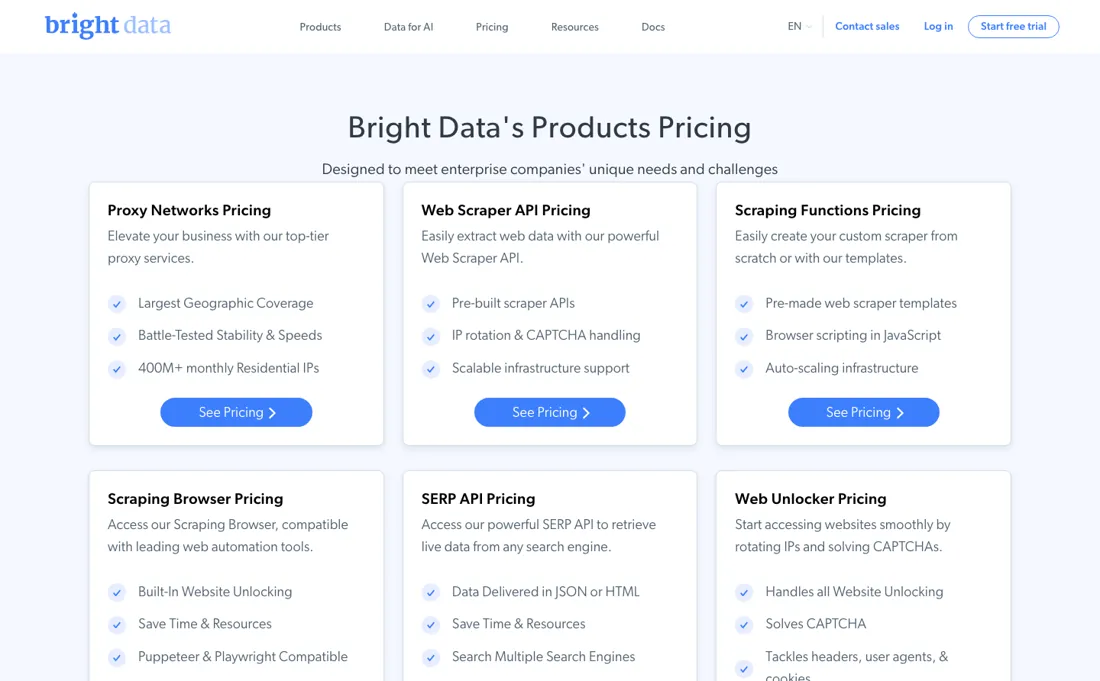 Bright Data pricing page