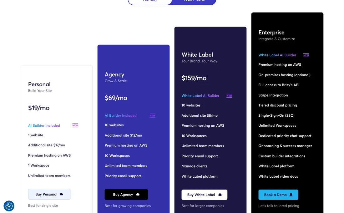 Brizy pricing page