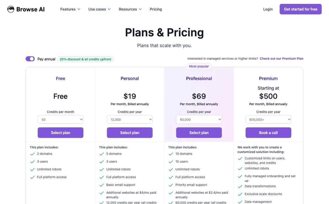 Browse.ai pricing page