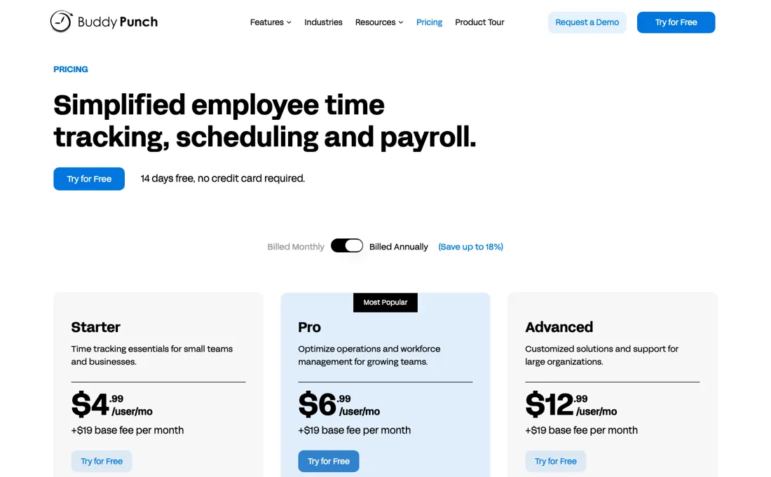 BuddyPunch pricing page