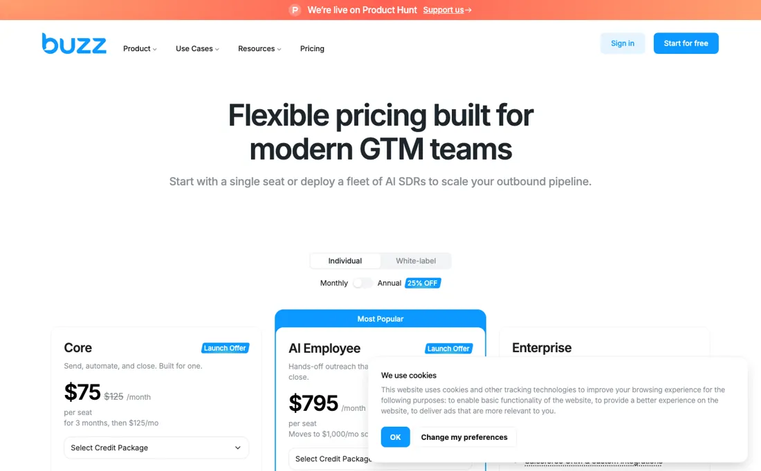Buzz.ai pricing page
