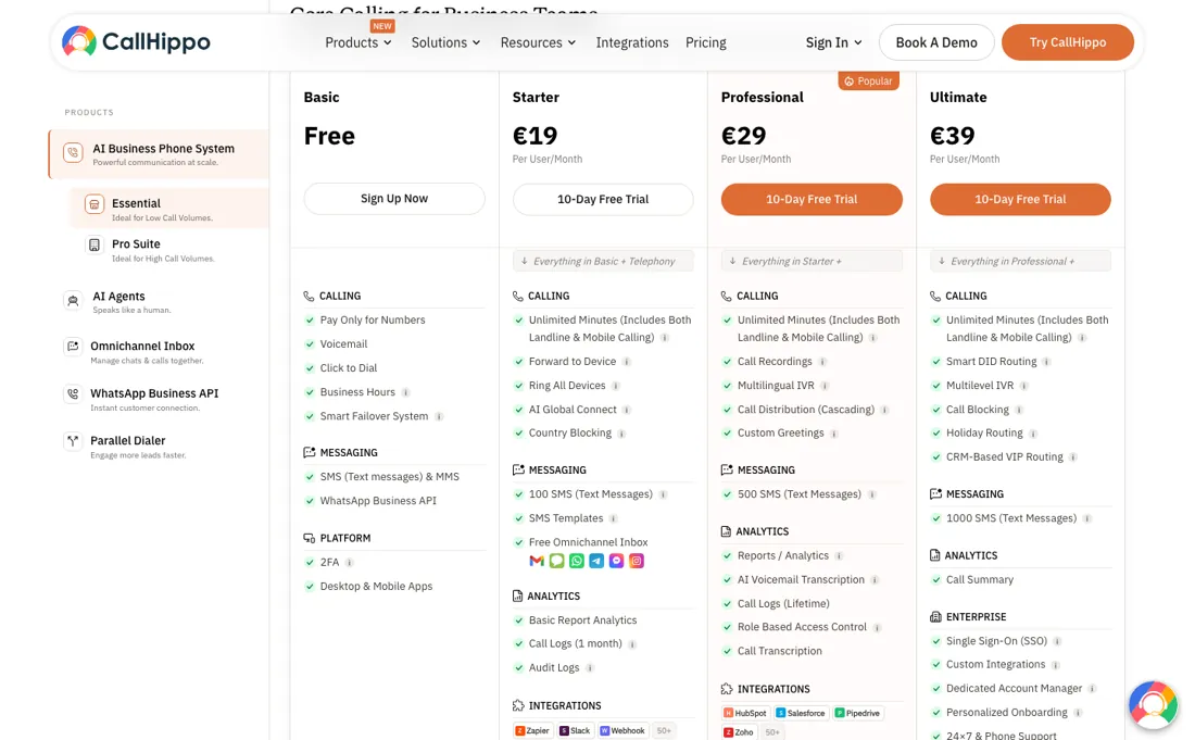 CallHippo pricing page