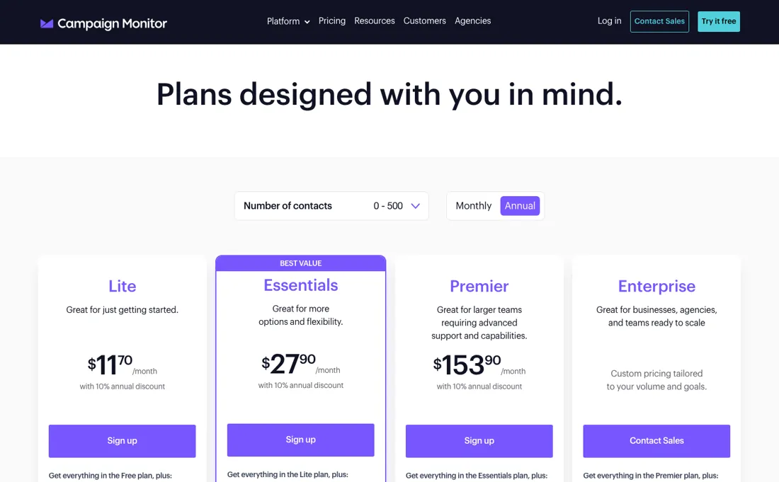Campaign Monitor pricing page