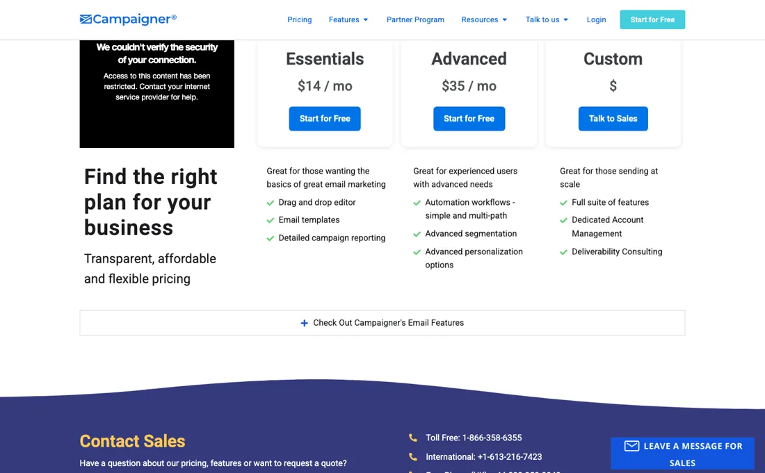 Campaigner pricing page