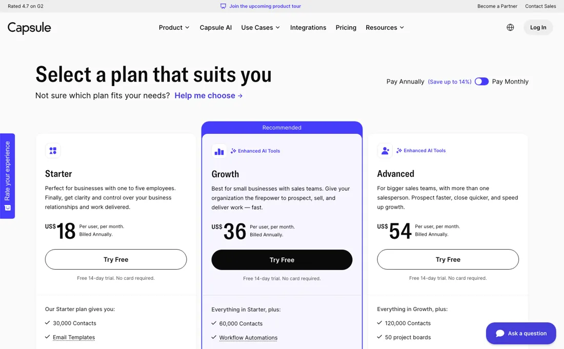 Capsule pricing page