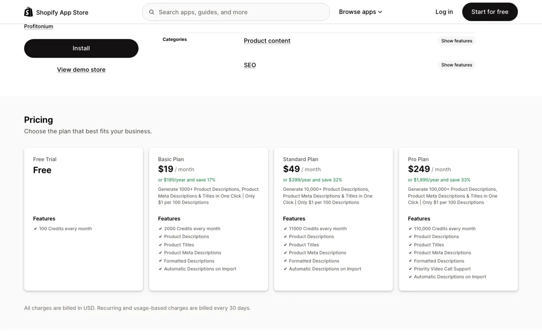 ChatGPT AI Product Description pricing page