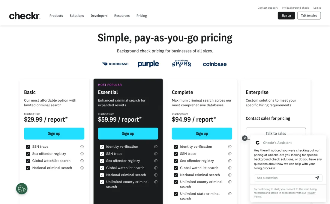 Checkr pricing page