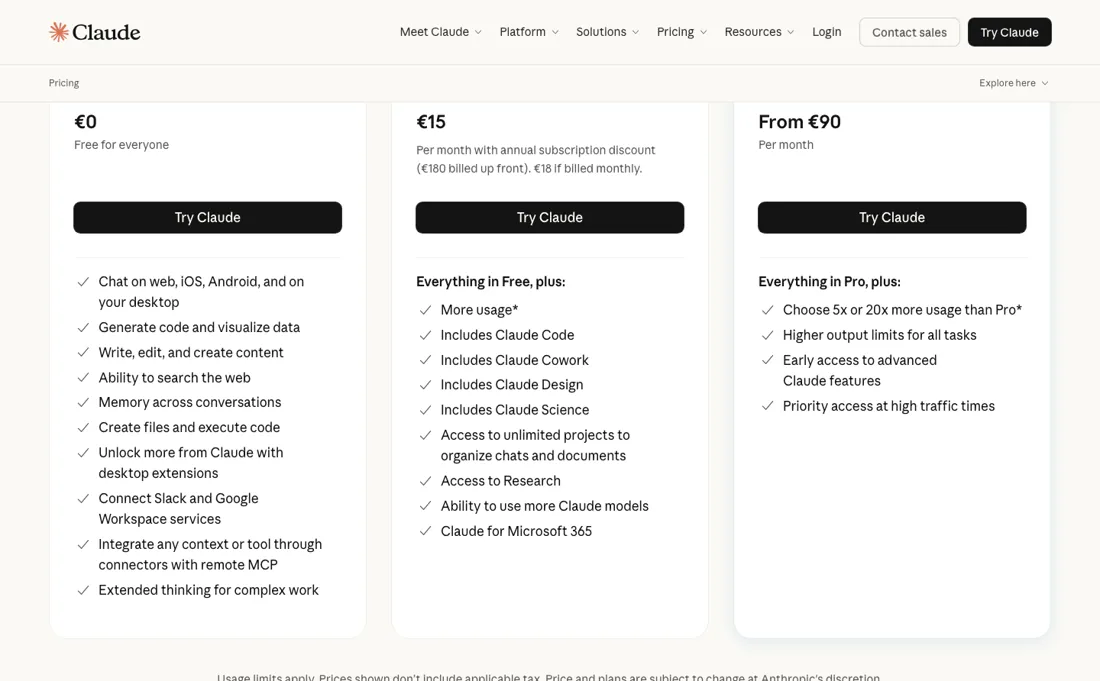 Claude pricing page