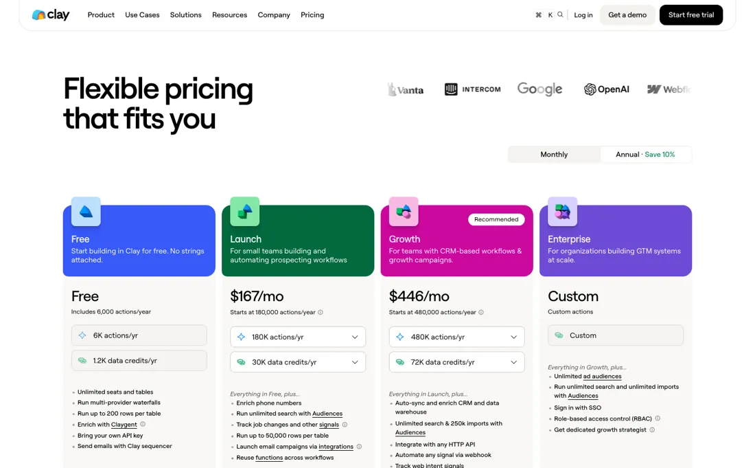 Clay pricing page
