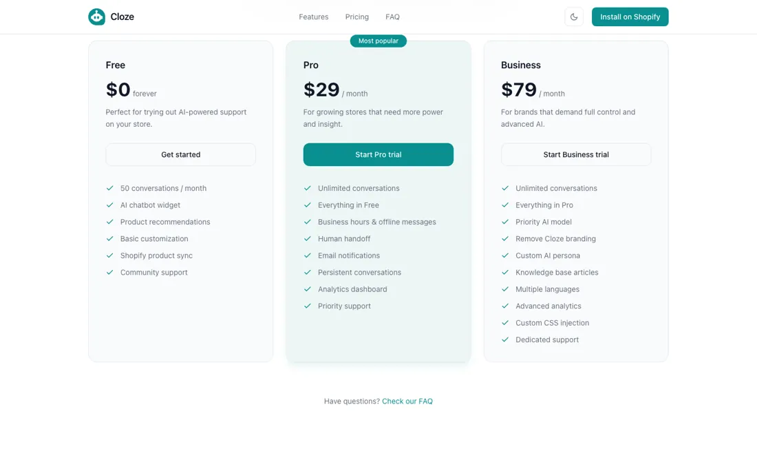 Cloze pricing page