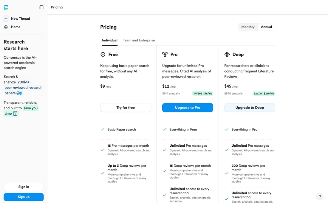 Consensus pricing page