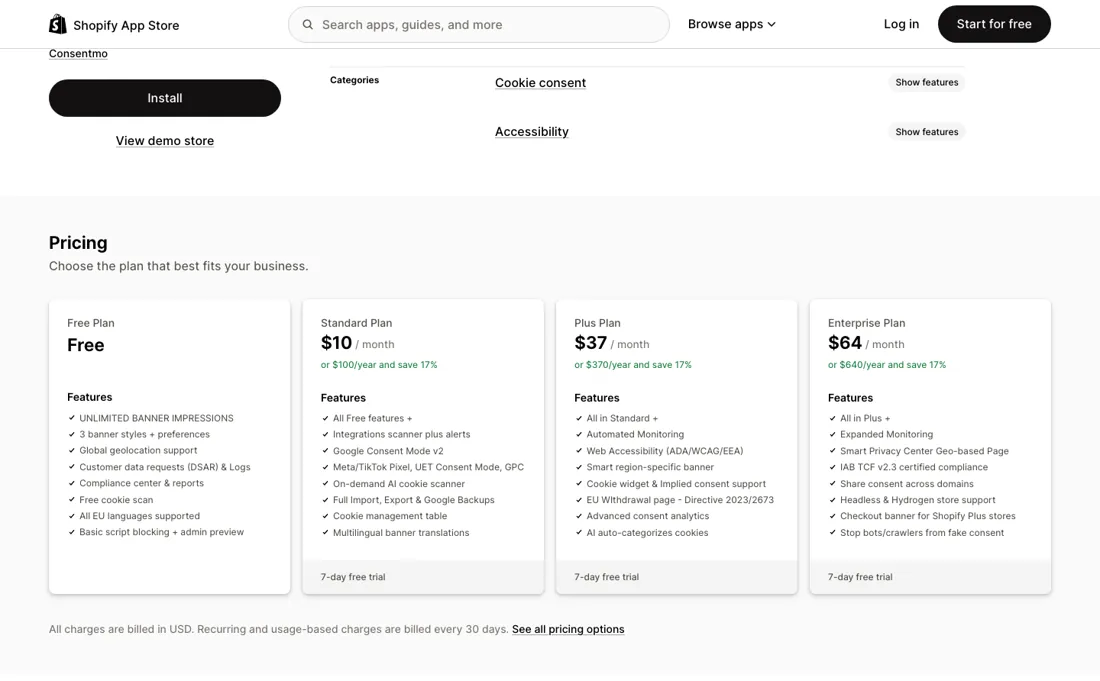 Consentmo pricing page