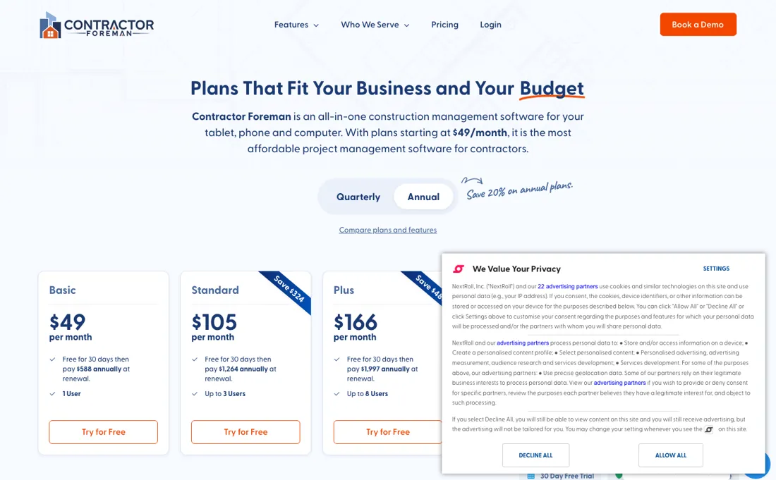 Contractor Foreman pricing page