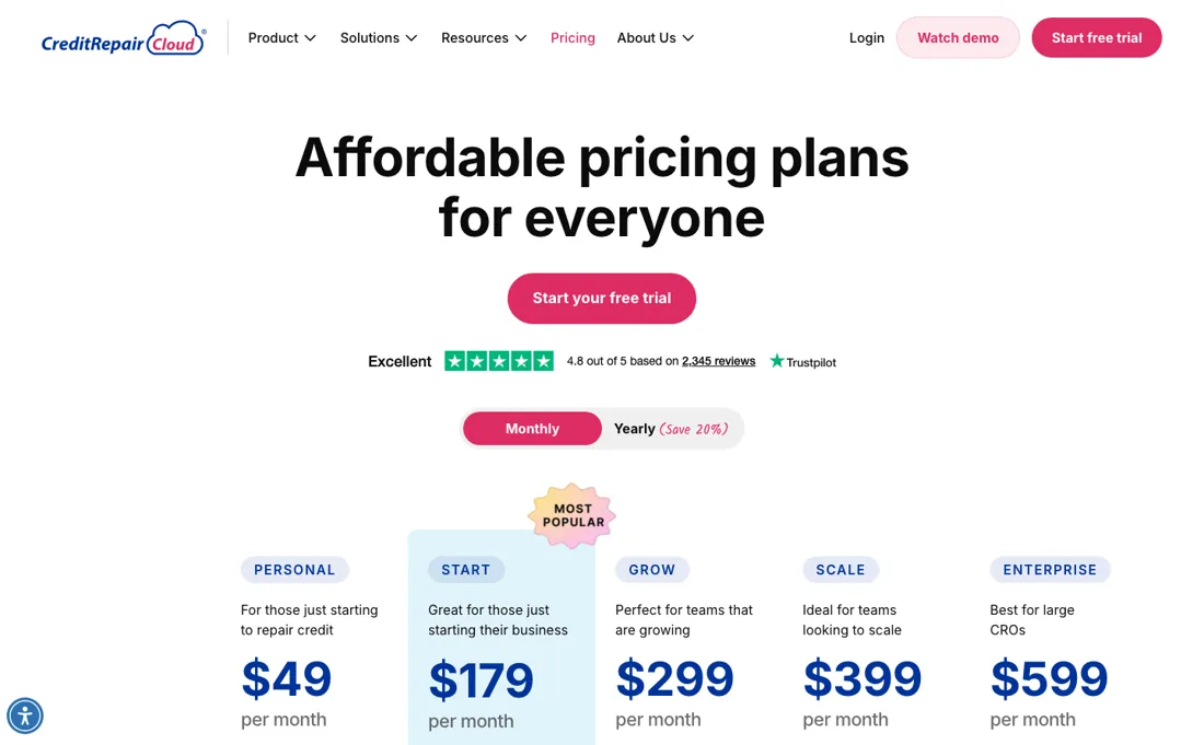 Credit Repair Cloud pricing page
