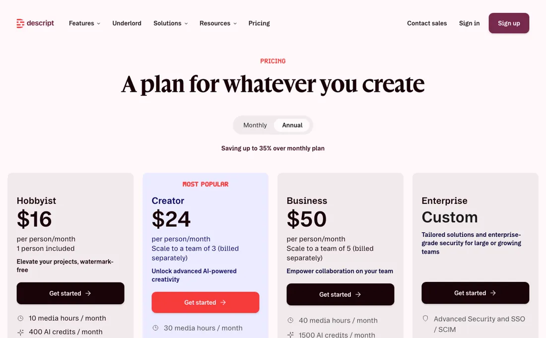 Descript pricing page