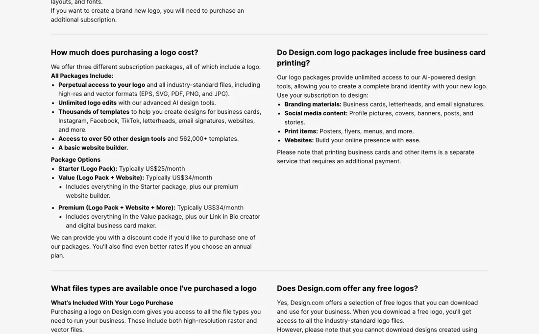 Design.com pricing page