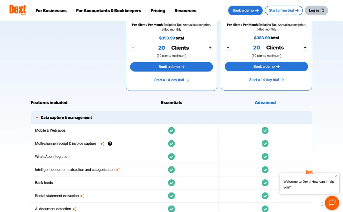 Dext pricing page
