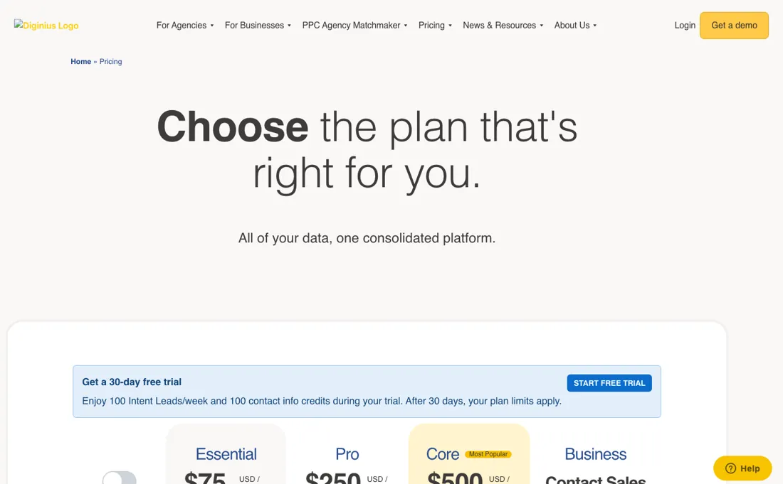 Diginius pricing page