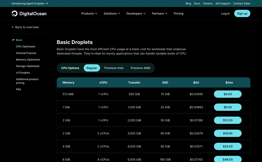DigitalOcean pricing page